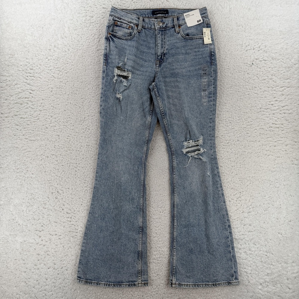 Aeropostale High Rise Flare Jeans Womens 8R Blue Light Wash Distressed Stretch